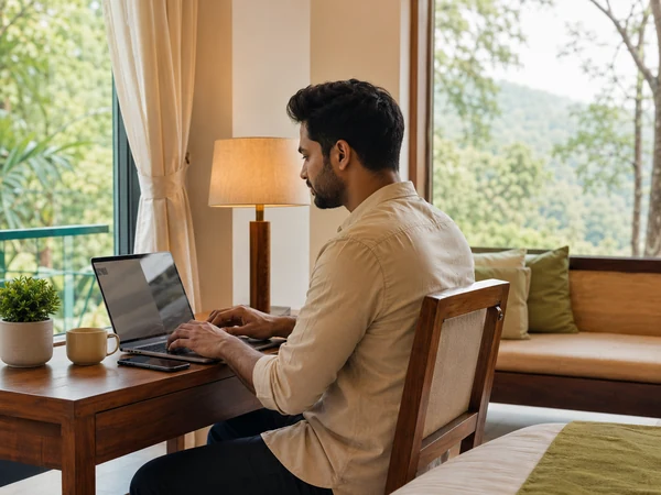 Guest using free Wi-Fi on a laptop in a hotel room