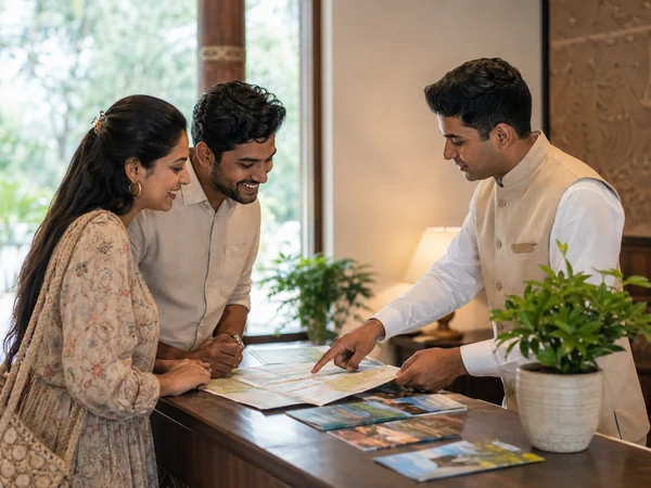 Hotel staff helping guests plan local sightseeing activities