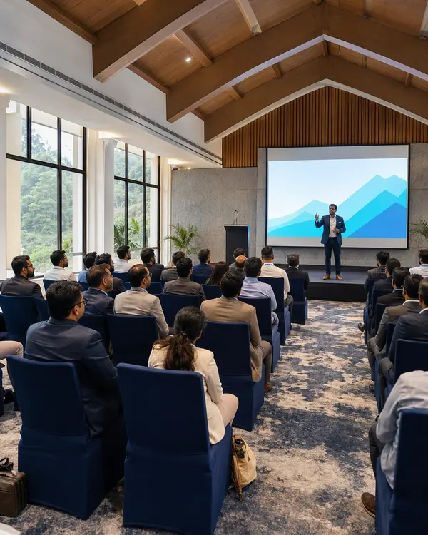 Professional business conference in the event hall at Shilpi Hill Resort, Saputara