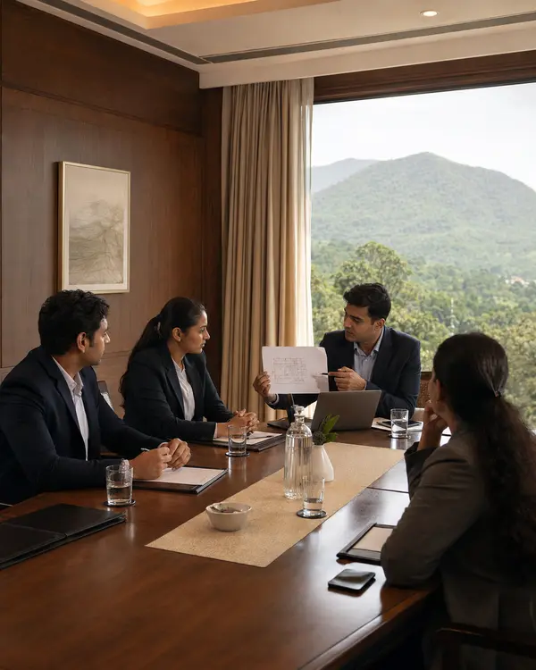 Leadership team conducting a corporate meeting at Shilpi Hill Resort in Saputara