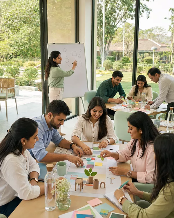 Employees participating in a corporate training program at a Saputara resort